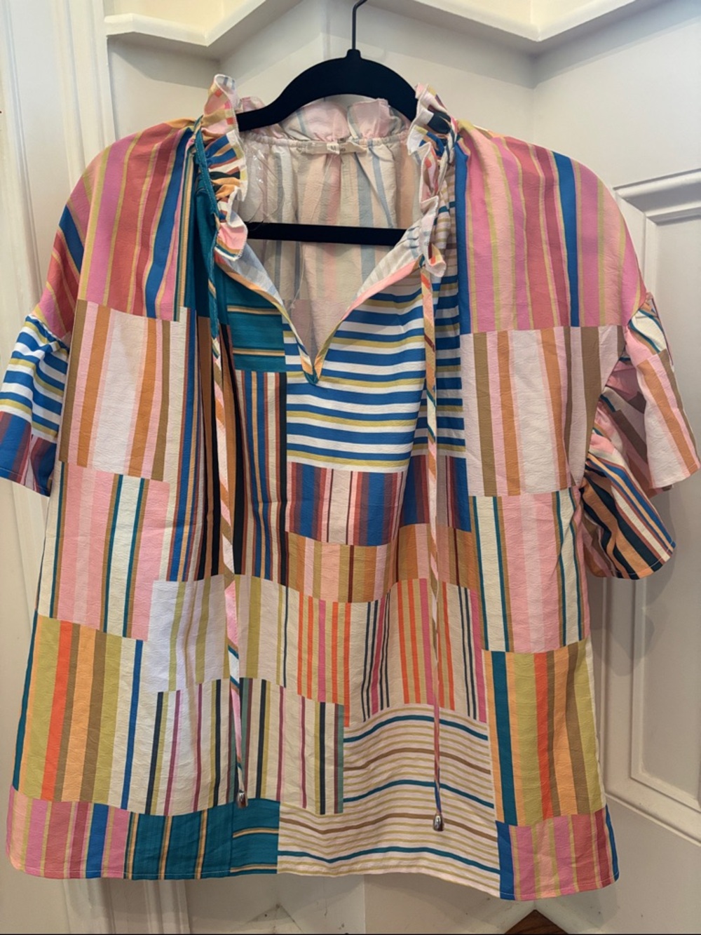 entro Multicolor Striped Patchwork Tie-Neck Tunic